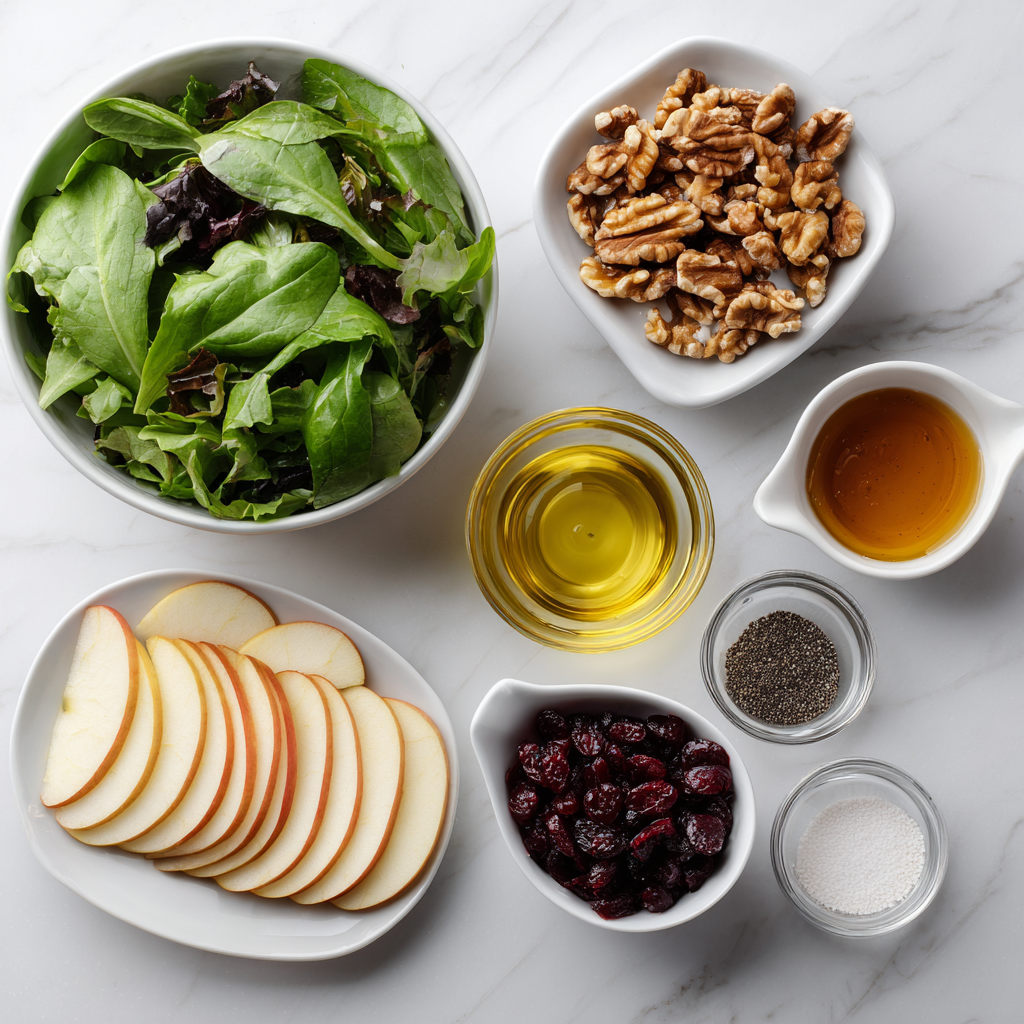 Amazing 250 Calorie Apple Walnut Salad 3 Ingredients for apple walnut salad including mixed greens, apple slices, walnuts, dried cranberries, olive oil, vinegar, and honey.