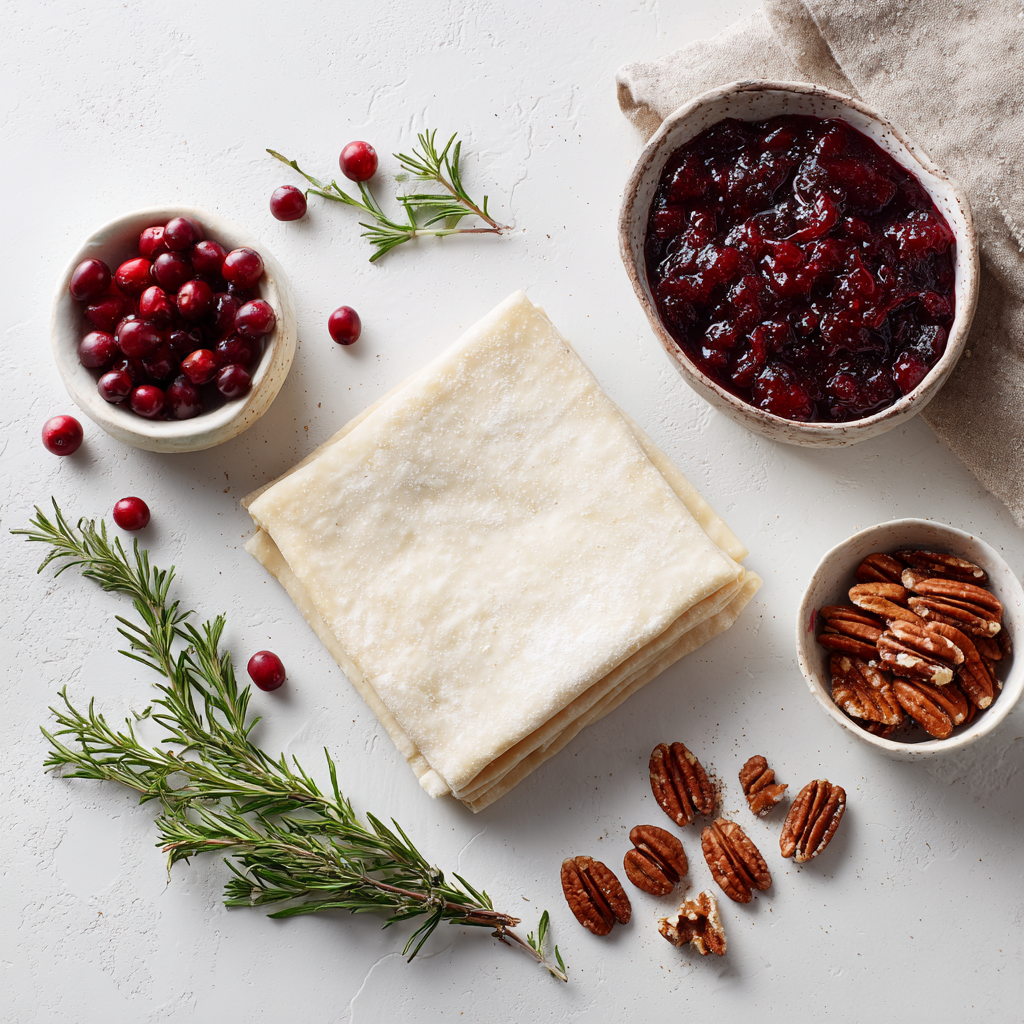 Amazing Brie and Cranberry Bites: 15-Minute Bliss 4 Ingredients for brie and cranberry bites including puff pastry, brie cheese, cranberry sauce, pecans, and rosemary.