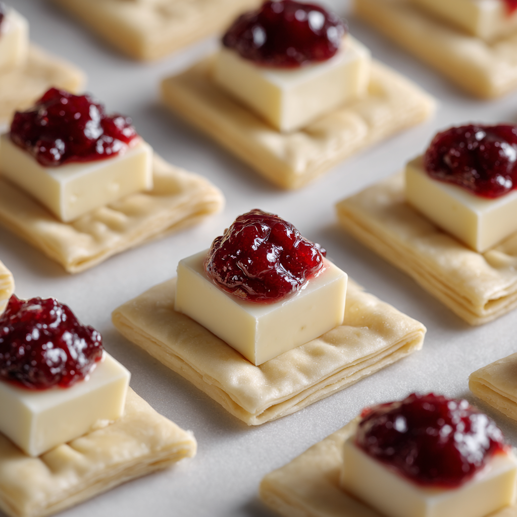 Amazing Brie and Cranberry Bites: 15-Minute Bliss 5 Puff pastry squares with brie cubes and cranberry sauce placed in the center before baking.