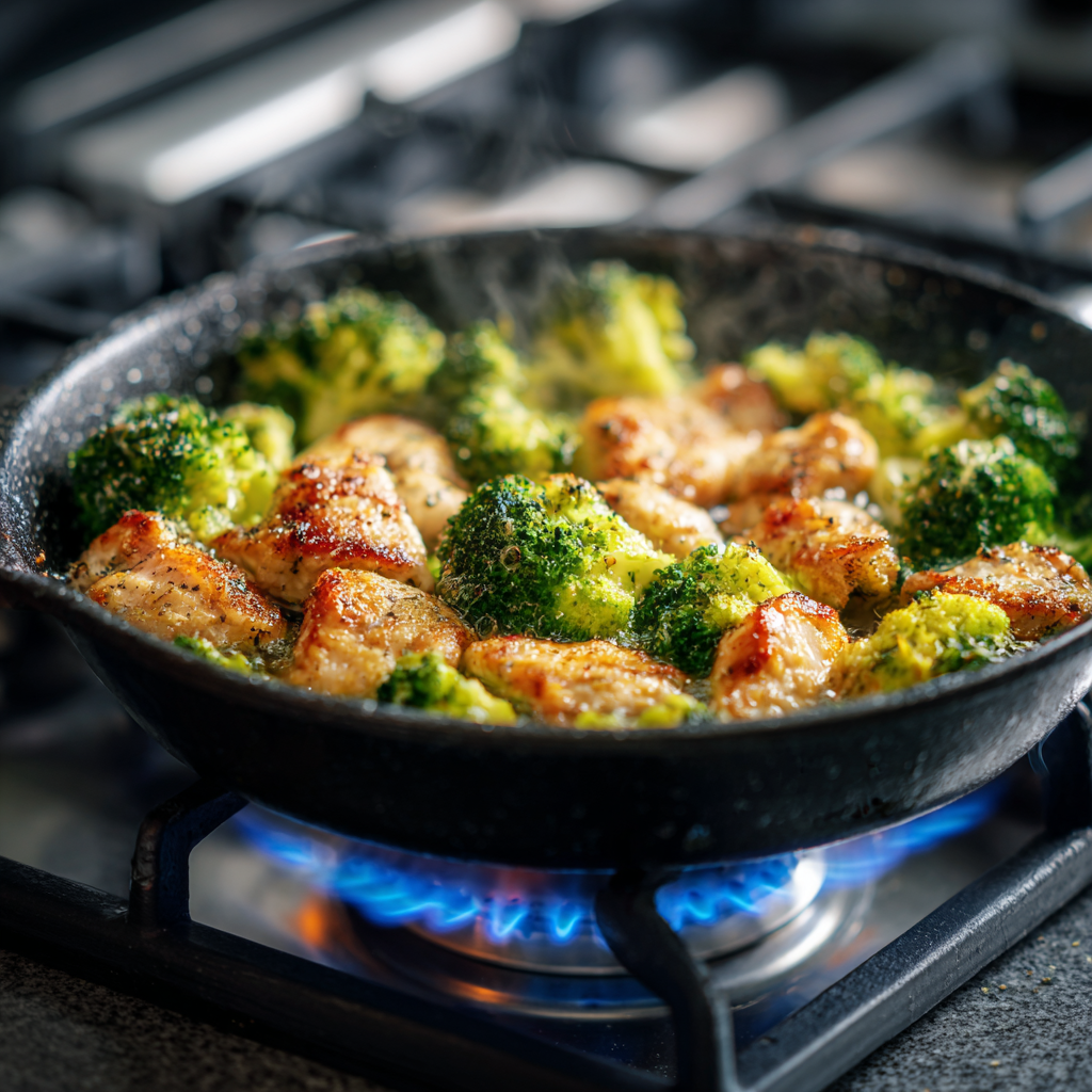 Chicken pieces browning in a skillet over visible stove flame with seasoning.