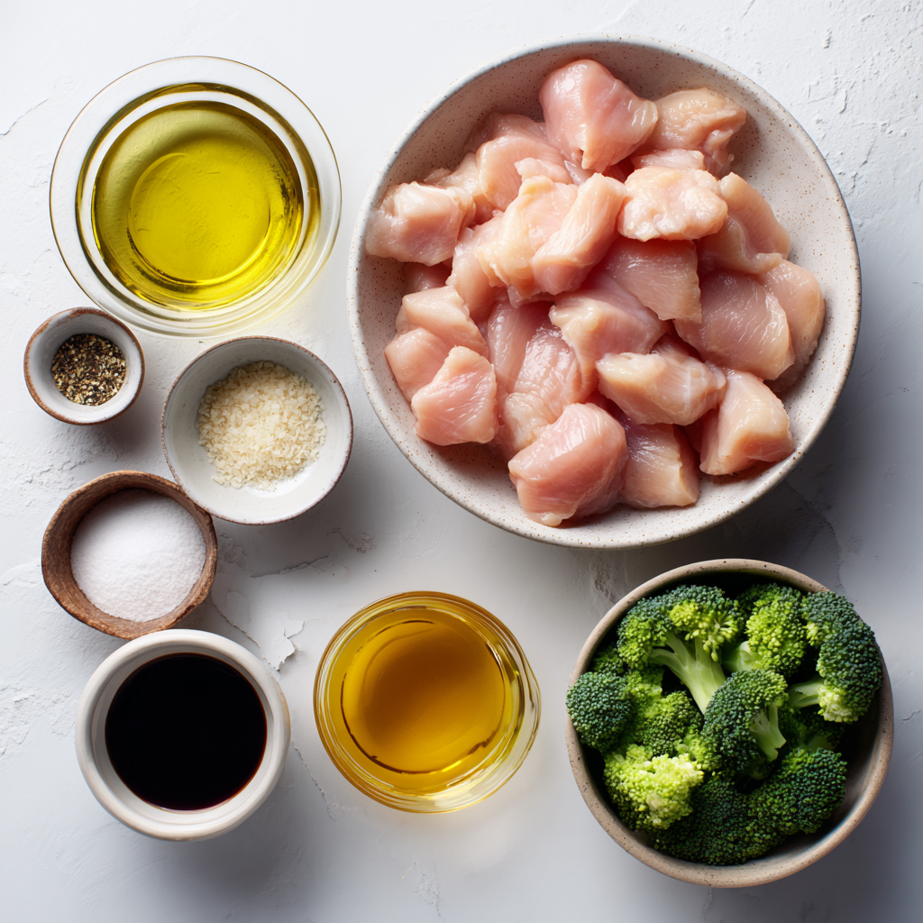 Ingredients for chicken and broccoli skillet including chicken, broccoli, seasonings, soy sauce, honey, and broth.