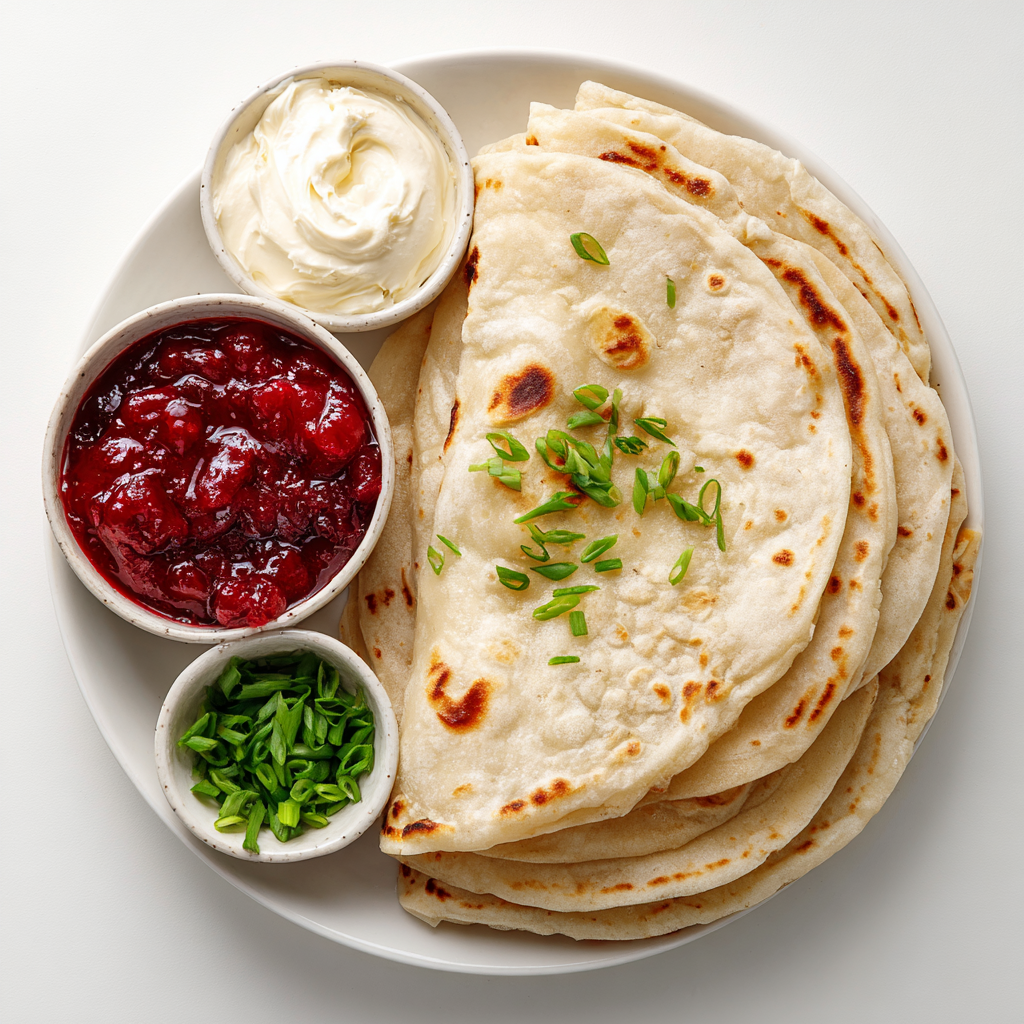 Ingredients for festive Christmas cranberry roll-ups including tortillas, cream cheese, cranberry sauce, and green onions.