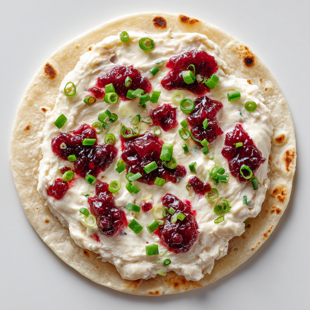 Raw tortilla spread with cream cheese, cranberry sauce, and green onions for cranberry roll-ups.