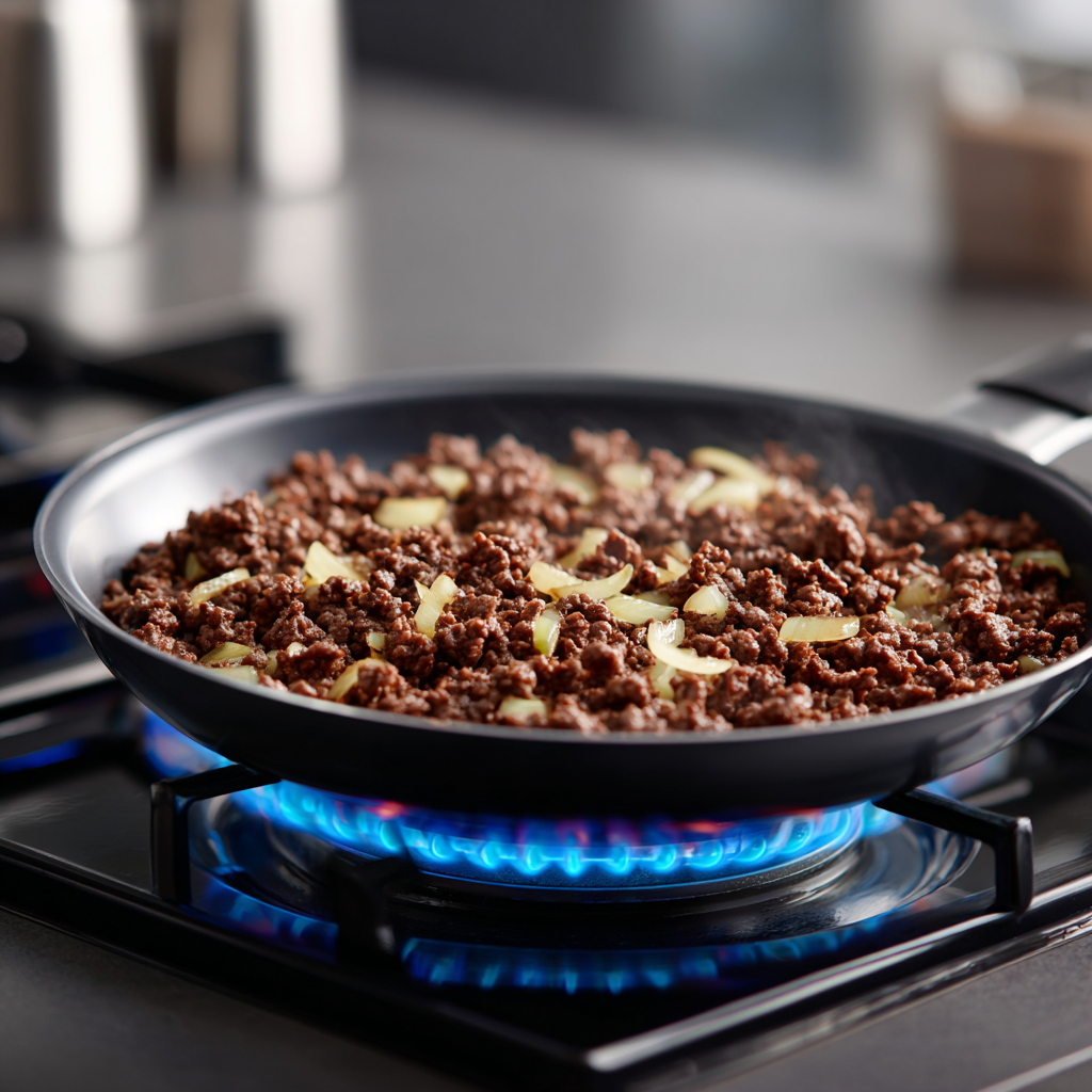 Amazing Cozy Casserole Recipes for 3 Nights 5 Ground beef and onion browning in a skillet over visible stove flame before assembling casserole.