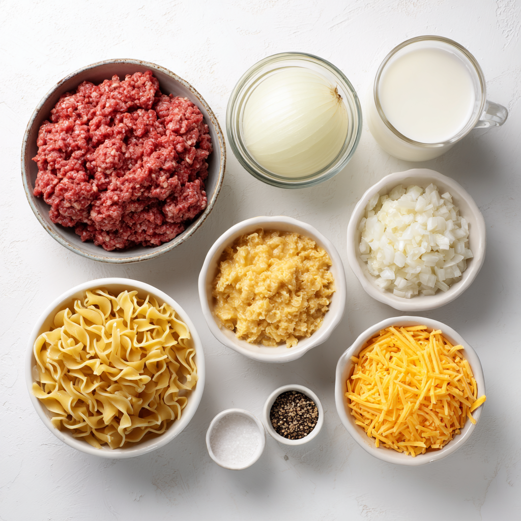 Amazing Cozy Casserole Recipes for 3 Nights 4 Ingredients for a cozy beef noodle casserole including ground beef, onion, mushroom soup, milk, cheese, and egg noodles.