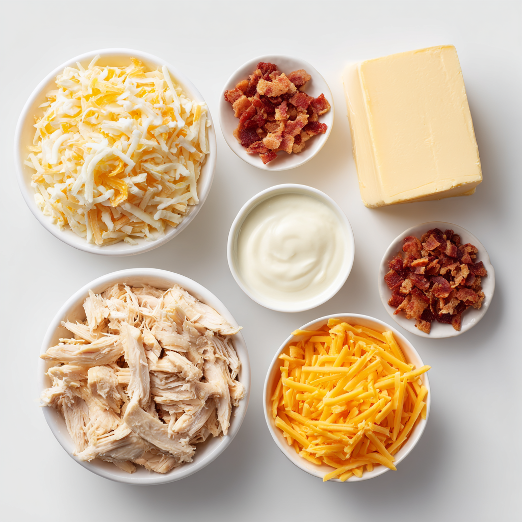 Ingredients for crack chicken pinwheels including chicken, cream cheese, ranch dressing, bacon bits, cheddar and Monterey Jack cheese.