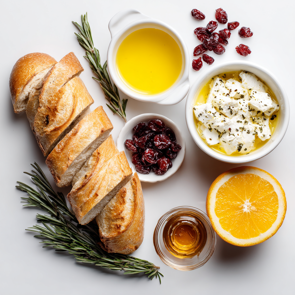 Ingredients for cranberry goat cheese crostini including baguette slices, goat cheese, dried cranberries, orange juice, honey, olive oil, and rosemary.