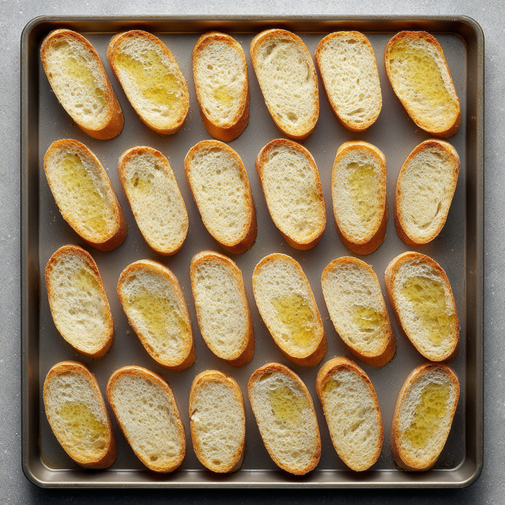 Baguette slices brushed with olive oil and arranged on a baking sheet before toasting.