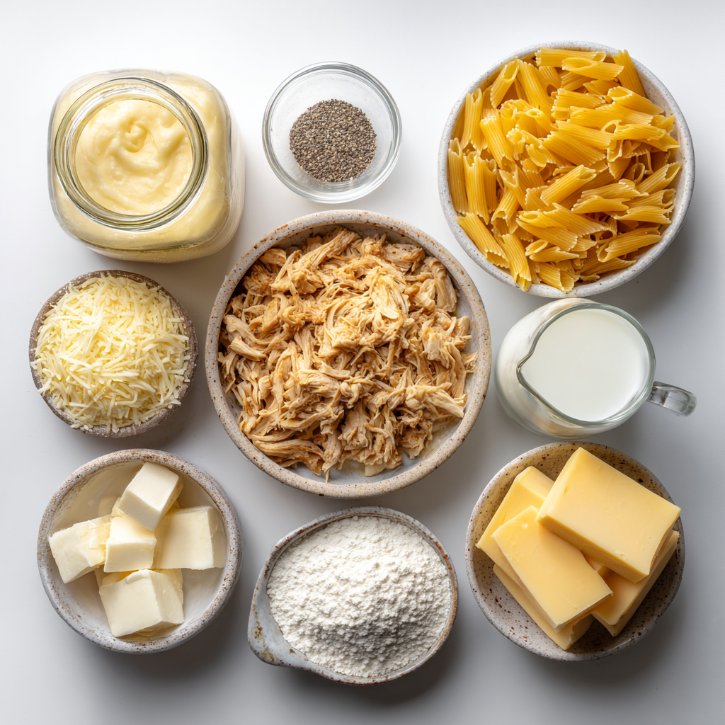 Ingredients for creamy chicken Alfredo bake including pasta, chicken, Alfredo sauce, cheeses, butter, flour, and milk.