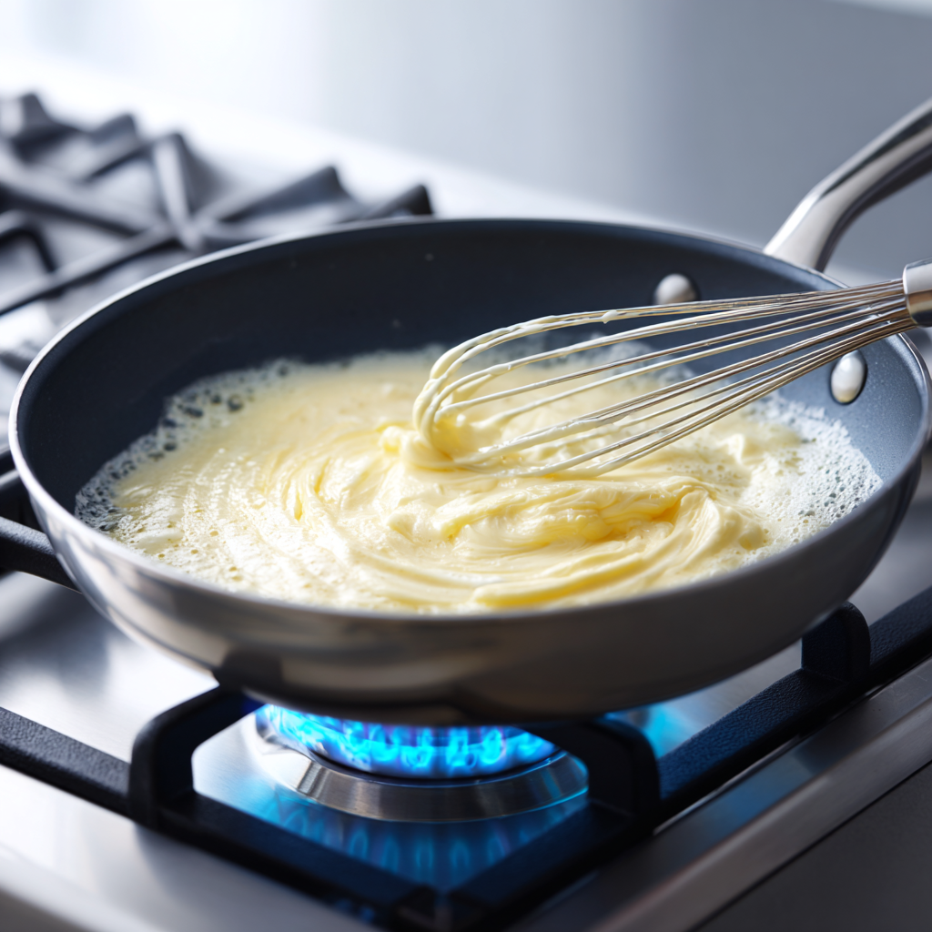 Butter and flour cooked together in a skillet to form a roux for Alfredo sauce.