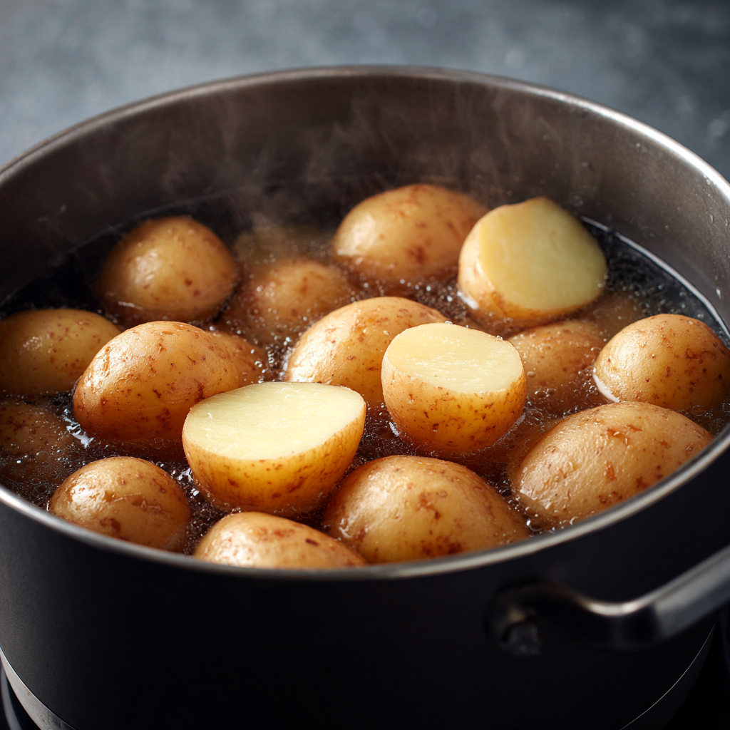 Absolute Creamy Mashed Potatoes Recipe Joy 7 Russet potatoes boiling in water until tender for mashed potatoes.