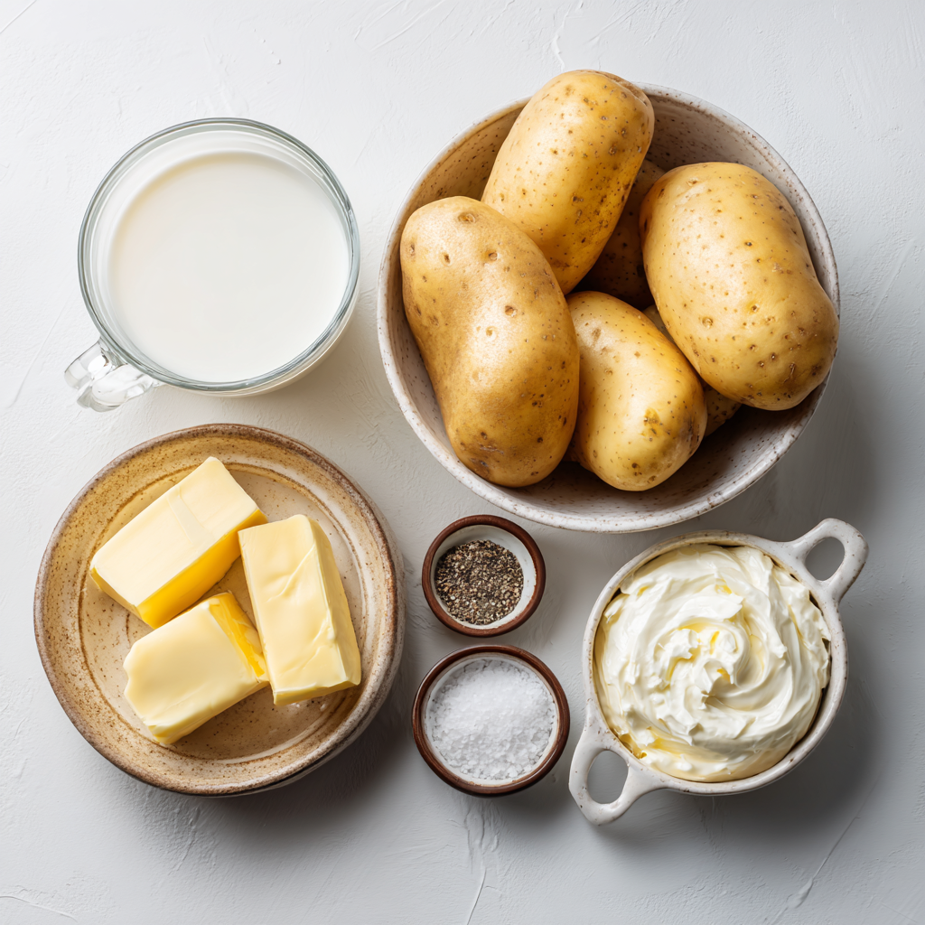 Absolute Creamy Mashed Potatoes Recipe Joy 6 Ingredients for creamy mashed potatoes including russet potatoes, milk, butter, sour cream, salt, and pepper.
