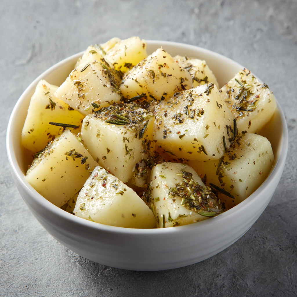 Raw potato cubes tossed with olive oil, herbs, garlic powder, salt, and pepper before baking.