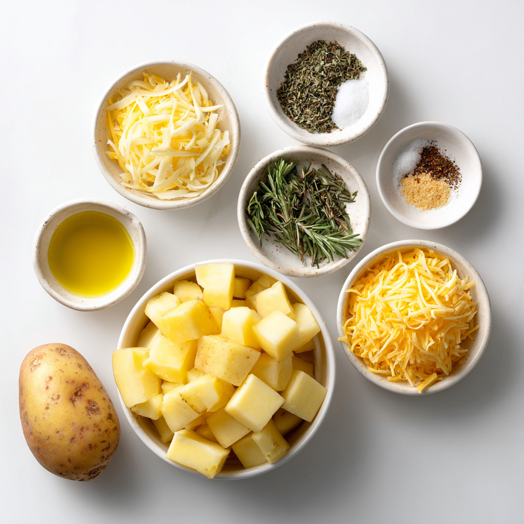 Ingredients for crispy baked potato bites including russet potatoes, olive oil, dried herbs, garlic powder, salt, pepper, and cheddar cheese.