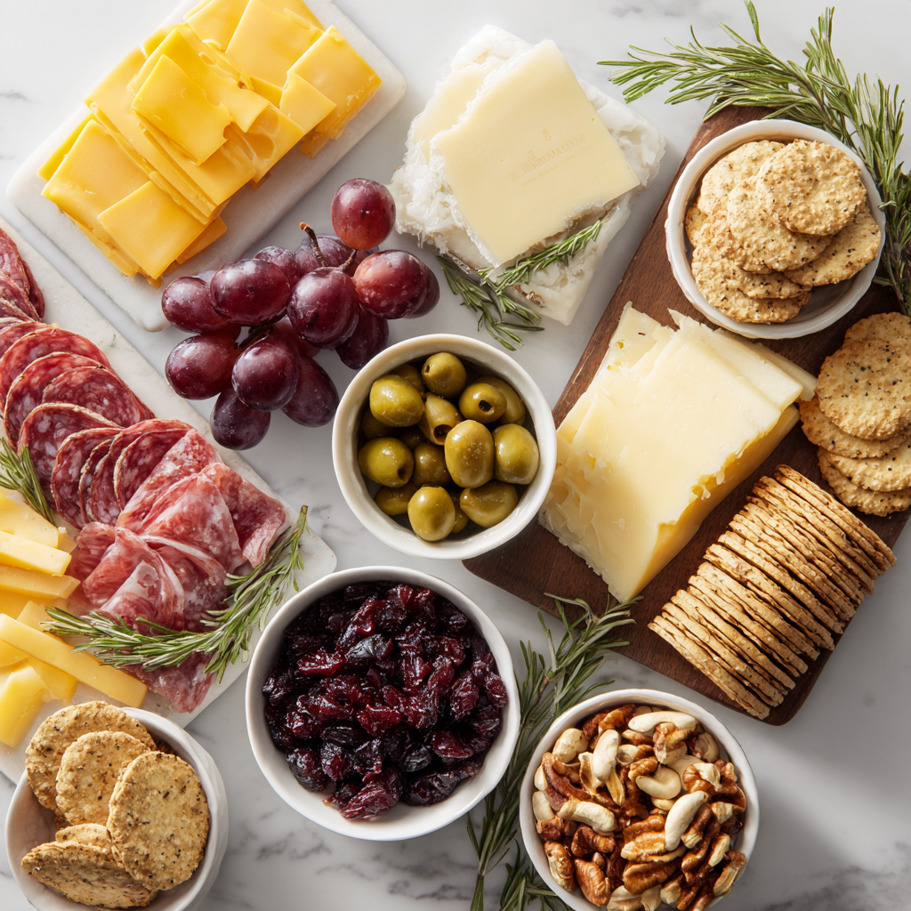 Easy Holiday Appetizer Board: 15 Min Miracle 3 Ingredients for an easy holiday appetizer board including cheeses, cured meats, olives, grapes, dried cranberries, nuts, crackers, and rosemary.