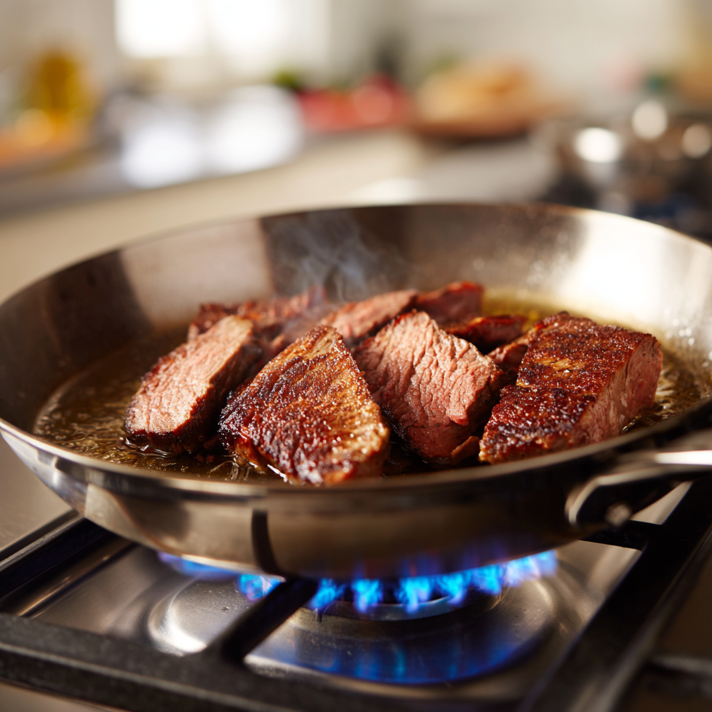 Easy One-Pot Beef Stroganoff: Comforting 40-min Meal 5 Beef sirloin browning in a skillet over visible stove flame before making stroganoff.