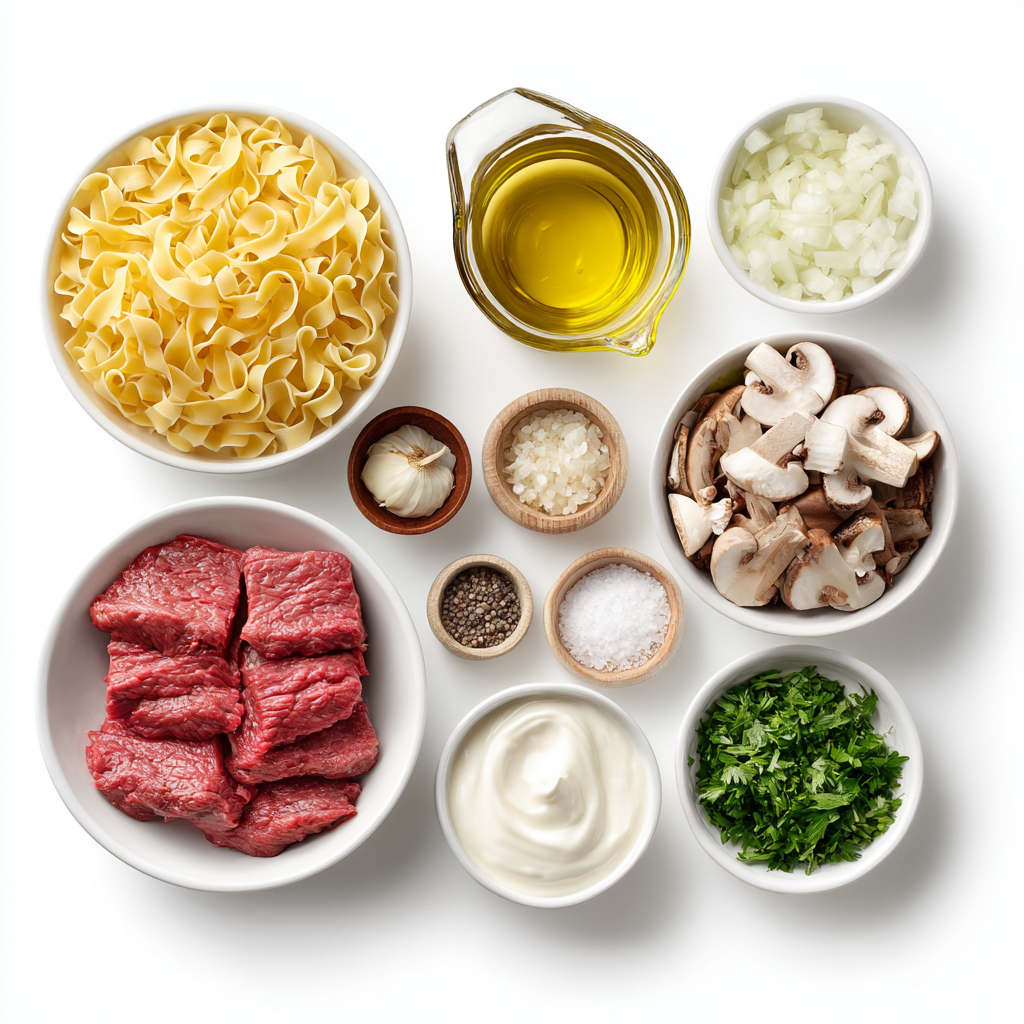 Easy One-Pot Beef Stroganoff: Comforting 40-min Meal 4 Ingredients for easy one-pot beef stroganoff including beef, egg noodles, mushrooms, onion, sour cream, and parsley.