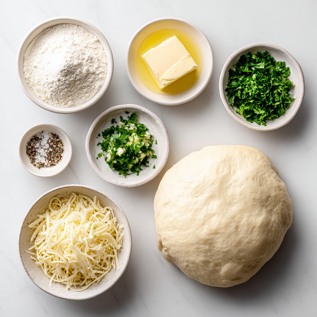 Ultimate Garlic Butter Pull-Apart Bread: 25 mins 4 Ingredients for garlic butter pull-apart bread including bread dough, butter, garlic, parsley, salt, pepper, mozzarella, and Parmesan.