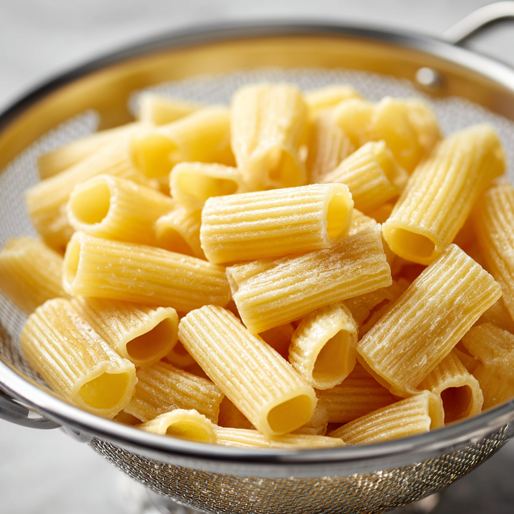 Rigatoni pasta cooked until al dente and drained before assembling baked rigatoni.