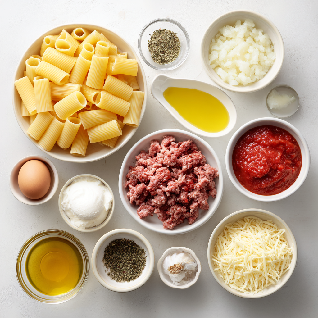 Ingredients for holiday baked rigatoni including pasta, meat, tomatoes, cheeses, and seasonings.
