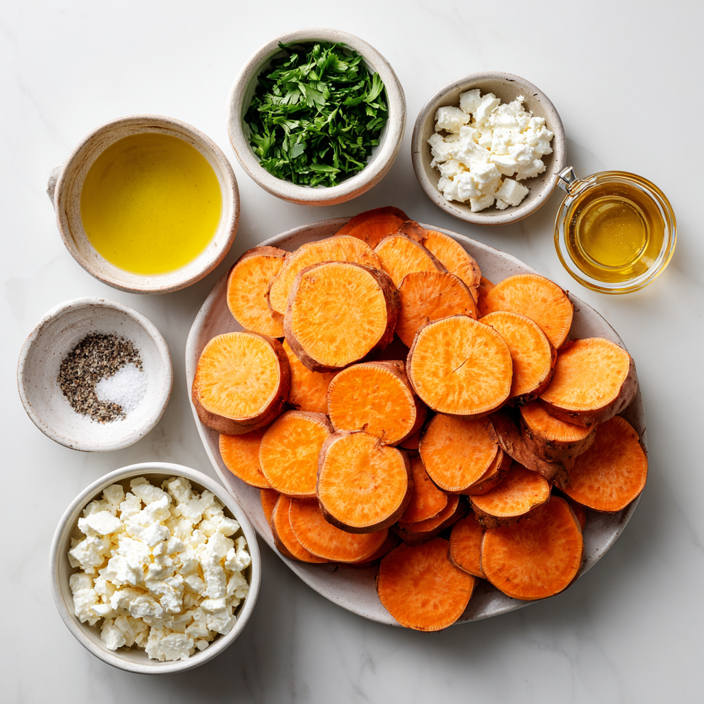 Amazing Honey Feta Sweet Potato Rounds: 20 Minute Feast 4 Ingredients for honey feta sweet potato rounds including sweet potatoes, olive oil, salt, pepper, feta cheese, honey, and parsley.