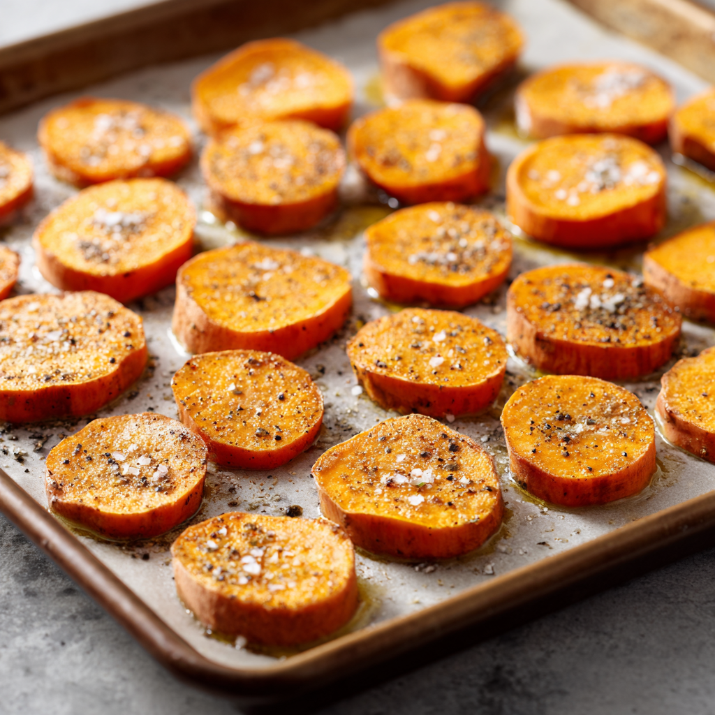 Amazing Honey Feta Sweet Potato Rounds: 20 Minute Feast 5 Sweet potato rounds tossed with olive oil, salt, and pepper on a baking sheet before baking.