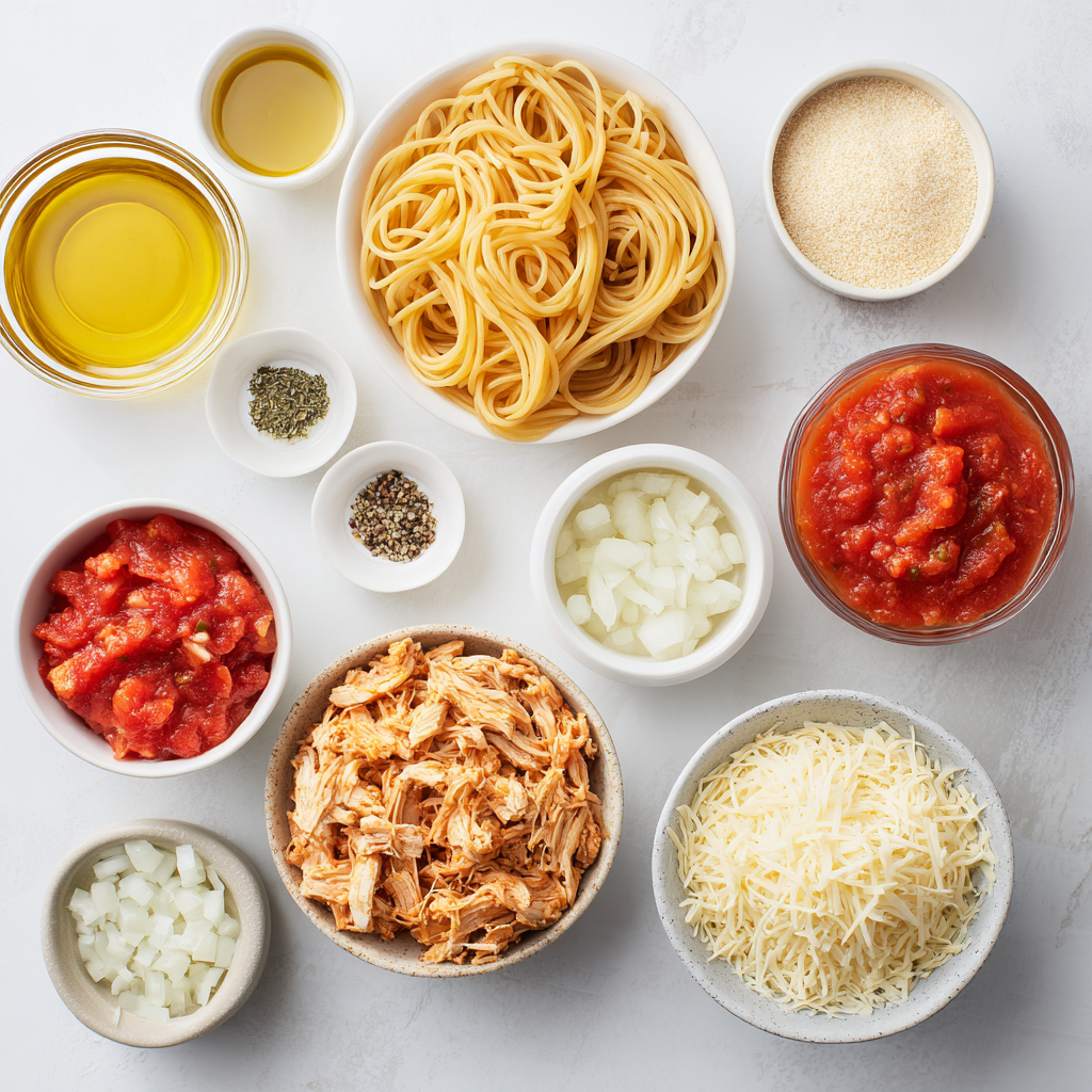 Ingredients for leftover turkey Alfredo pasta bake including pasta, turkey, tomatoes, Alfredo sauce, and cheeses.