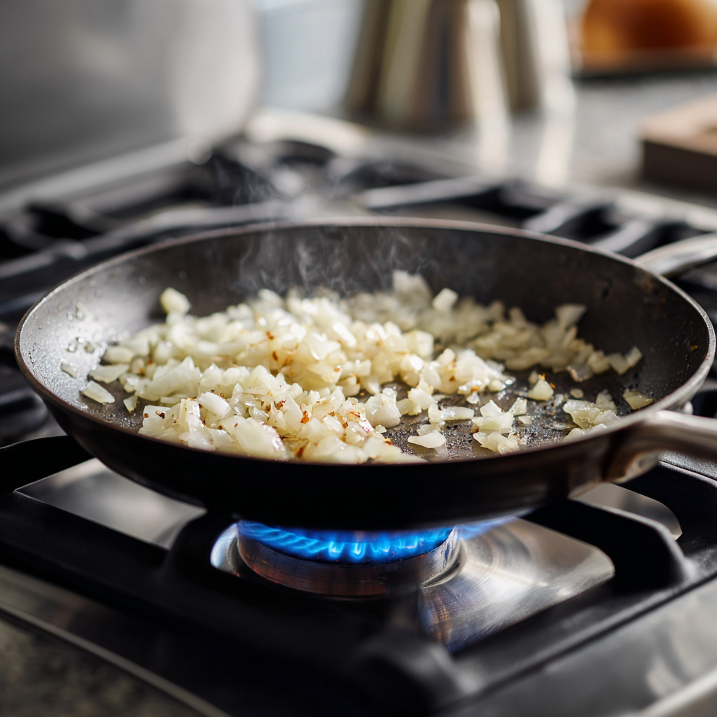 Onion and garlic sautéing in olive oil in a skillet on the stovetop.