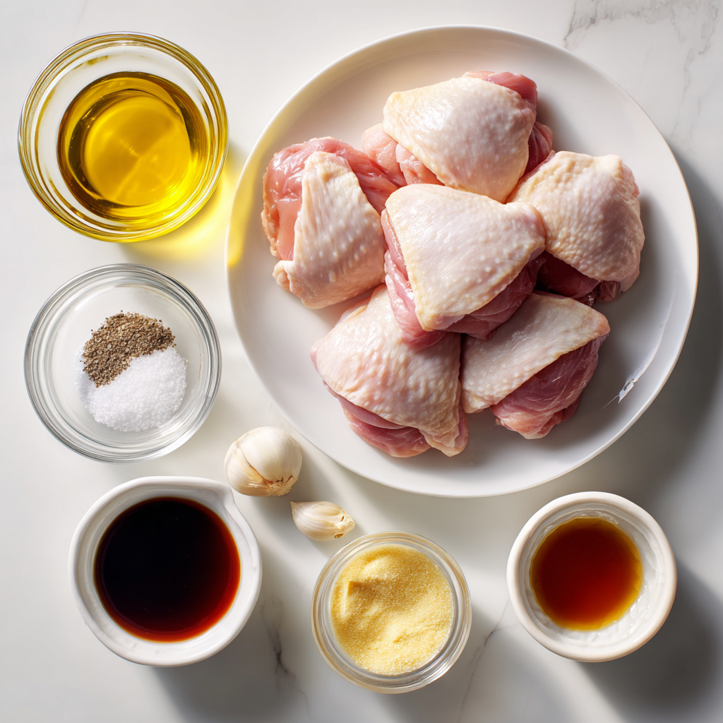 Ingredients for maple glazed chicken thighs including chicken, maple syrup, soy sauce, Dijon mustard, and garlic.