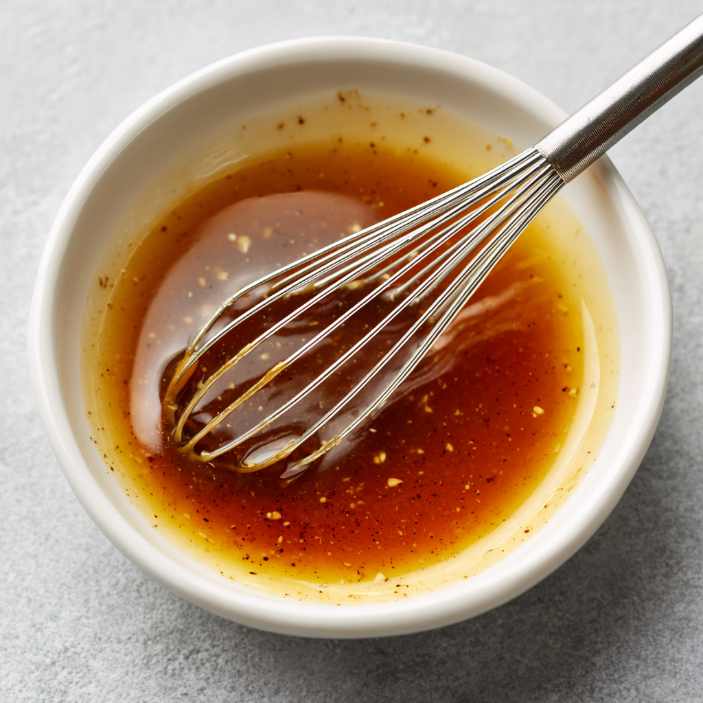 Maple glaze whisked together with soy sauce, Dijon mustard, and garlic.