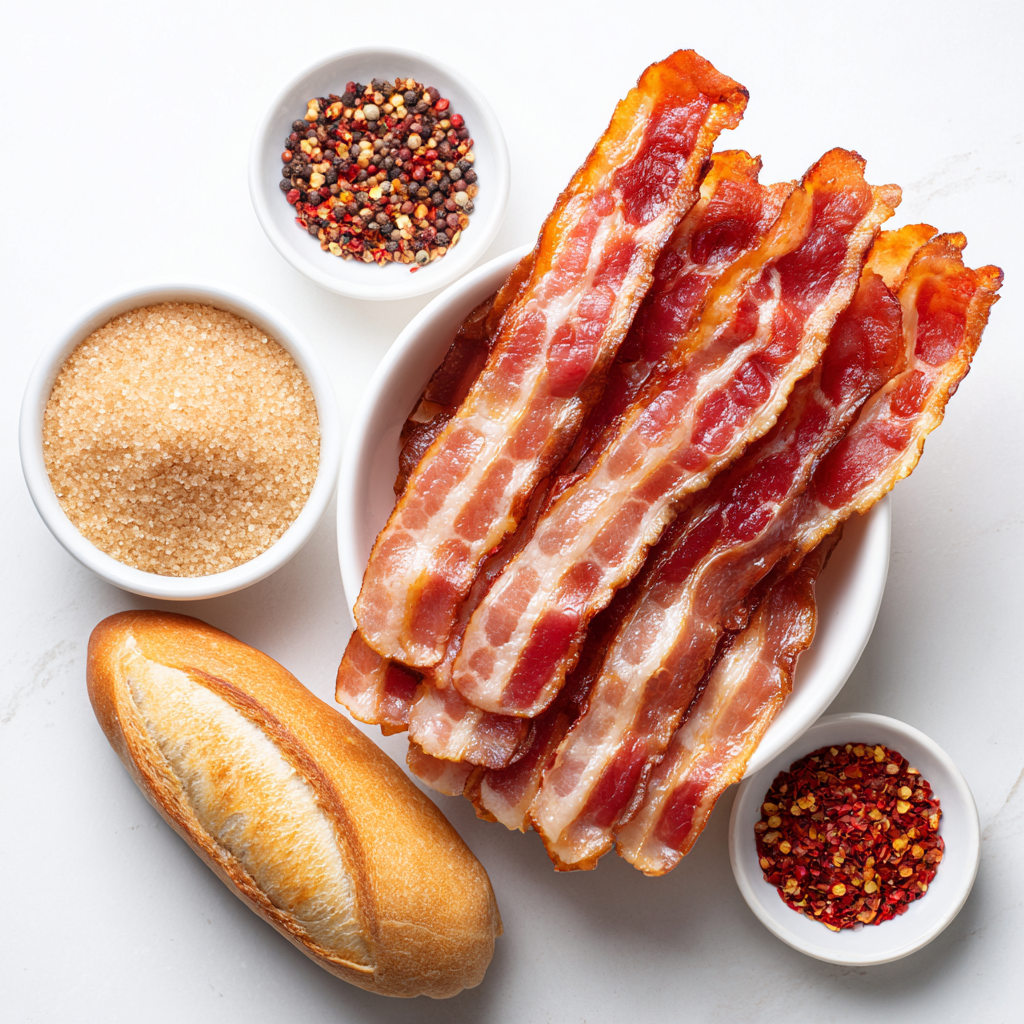 Million Dollar Bacon Crostini: Pure Party Bliss 4 Raw ingredients for million dollar bacon crostini including bacon, baguette slices, brown sugar, black pepper, and red pepper flakes.
