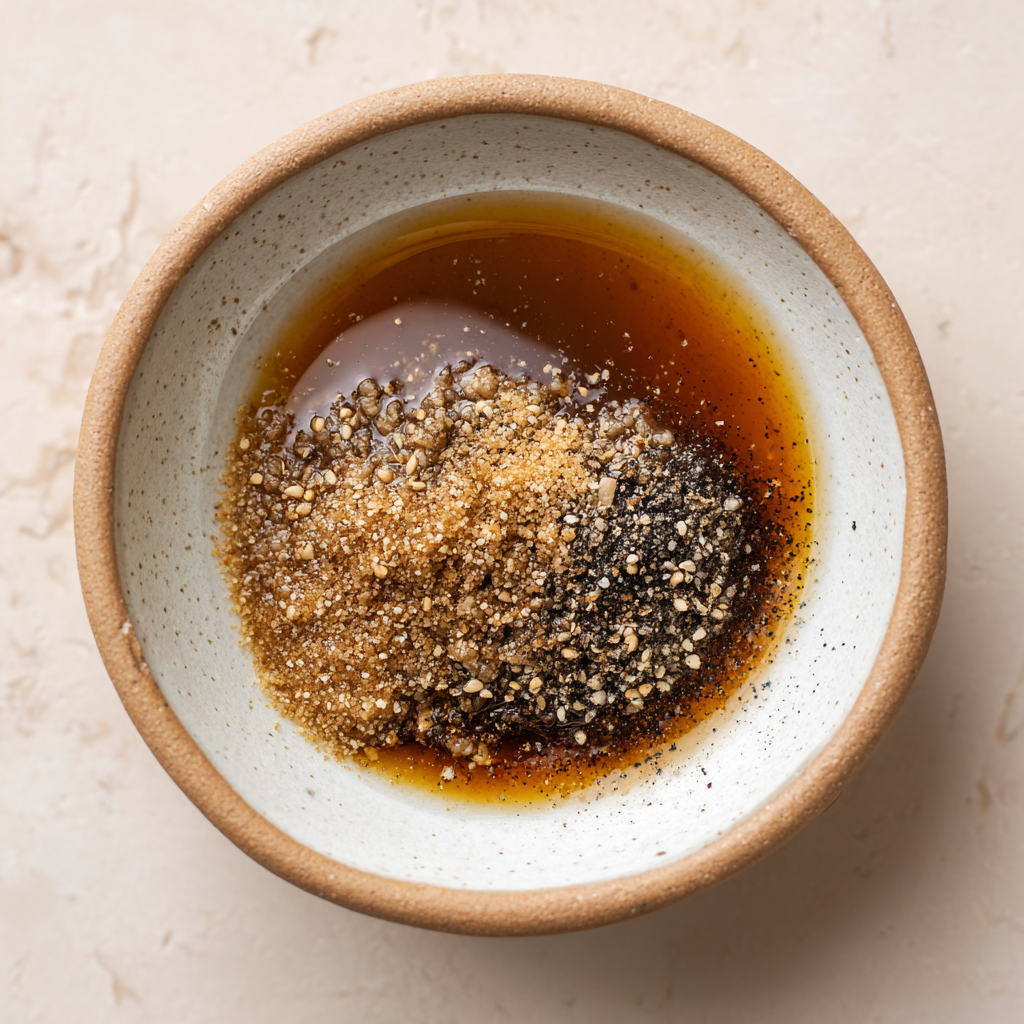 Million Dollar Bacon Crostini: Pure Party Bliss 5 Raw mixture of brown sugar, maple syrup, Dijon mustard, and black pepper in a ceramic bowl.