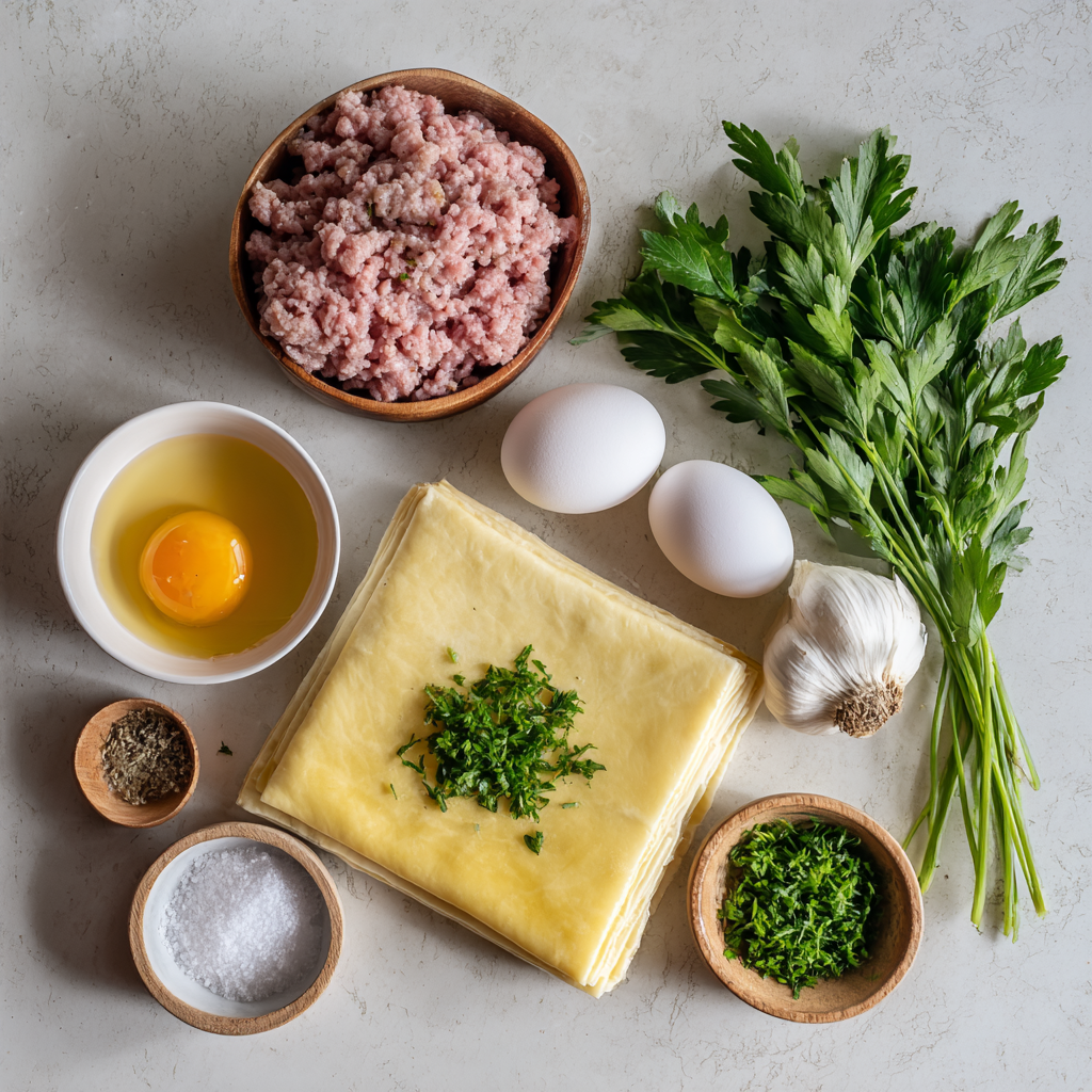 Ingredients for mini sausage rolls including sausage meat, puff pastry, and egg wash.