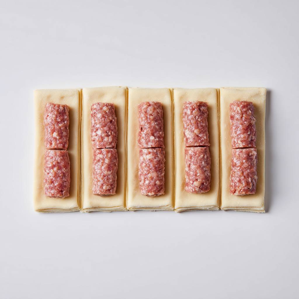 Raw puff pastry topped with sausage meat for mini sausage rolls before rolling.