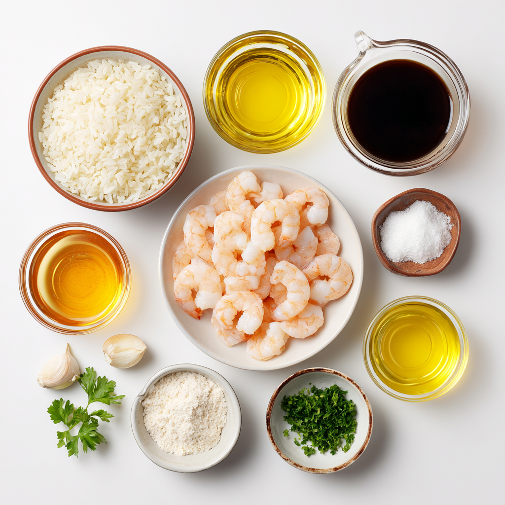 One-Pan Honey Garlic Shrimp & Rice: 1 Amazing Dinner 4 Ingredients for one-pan honey garlic shrimp and rice including shrimp, rice, honey, soy sauce, garlic, and broth.