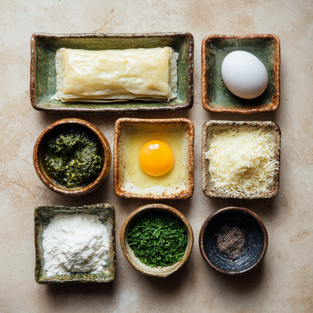 Ingredients for puff pastry pinwheels arranged in ceramic bowls including puff pastry, egg, pesto, cheese, flour, herbs, and seasoning.