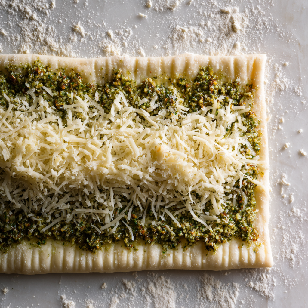 Raw puff pastry sheet spread with pesto and topped with shredded cheese before rolling pinwheels.