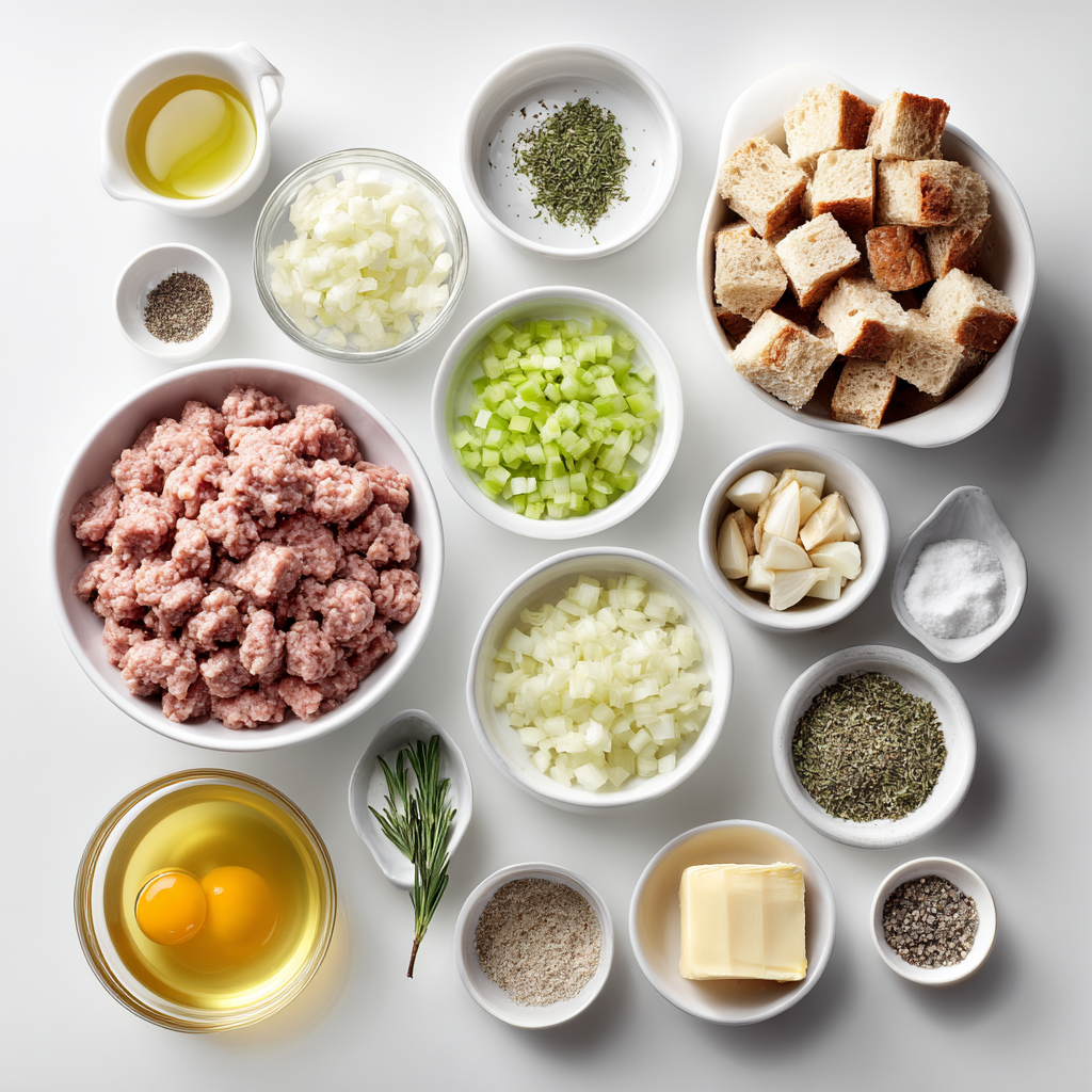 Amazing Sausage Apple Herb Dressing: 5 Star Flavor 4 Ingredients for sausage apple herb dressing including sausage, vegetables, bread cubes, apple, broth, eggs, and herbs.