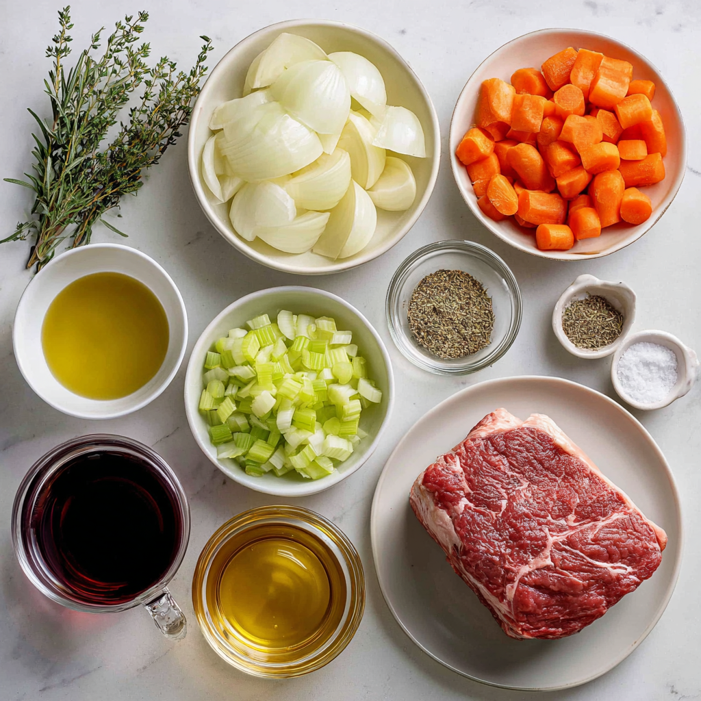 Amazing Slow Cooker Pot Roast - Tender & Juicy 4 Ingredients for slow cooker pot roast including beef chuck roast, vegetables, broth, wine, and herbs.