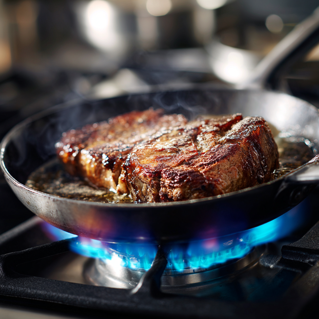 Amazing Slow Cooker Pot Roast - Tender & Juicy 5 Beef chuck roast searing in a skillet over visible stove flame before slow cooking.