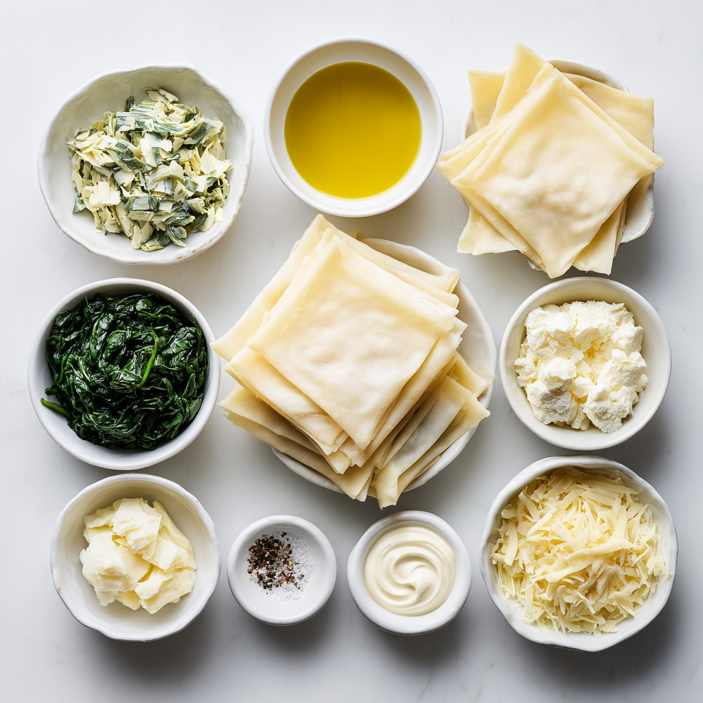 Amazing Spinach & Artichoke Wonton Cups 4 Ingredients for spinach artichoke wonton cups including wonton wrappers, spinach, artichokes, cream cheese, Parmesan, mayonnaise, and garlic.