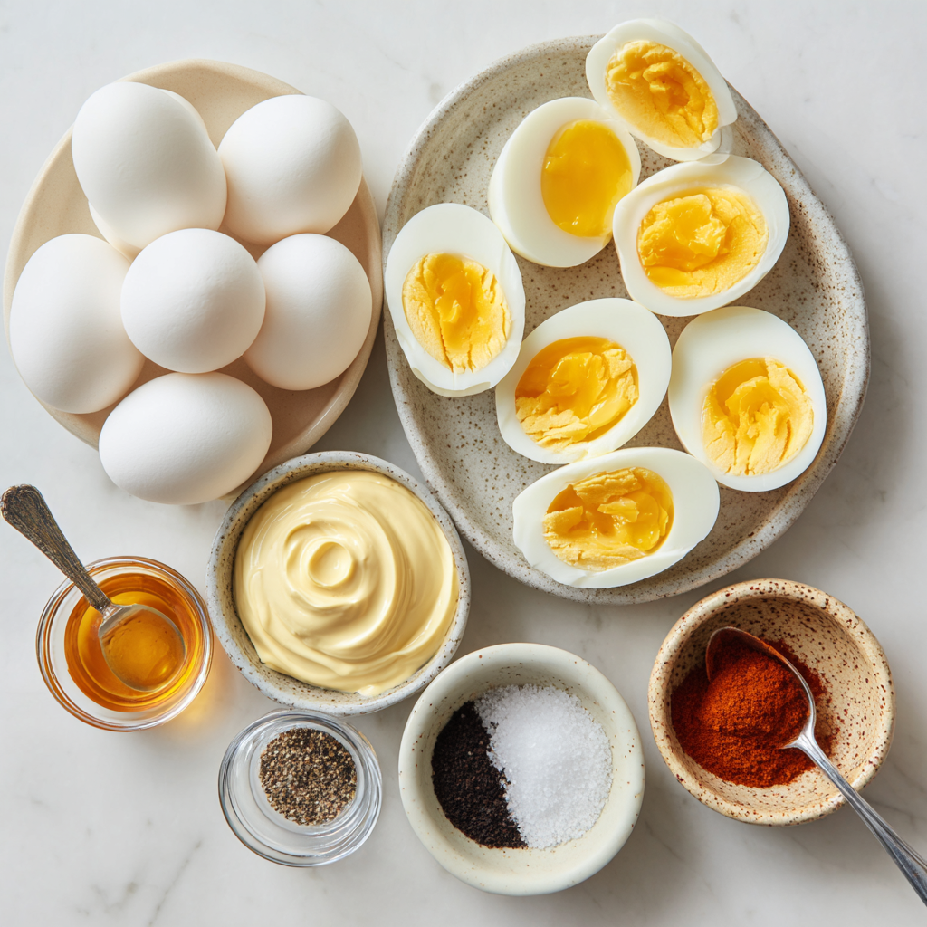 Perfect Thanksgiving Appetizer Deviled Eggs: 10 Min Recipe 4 Ingredients for Thanksgiving deviled eggs including eggs, mayonnaise, mustard, salt, pepper, and paprika.