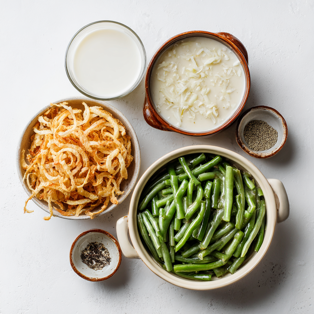 Ingredients for ultimate green bean casserole including green beans, cream of mushroom soup, milk, black pepper, and fried onions.