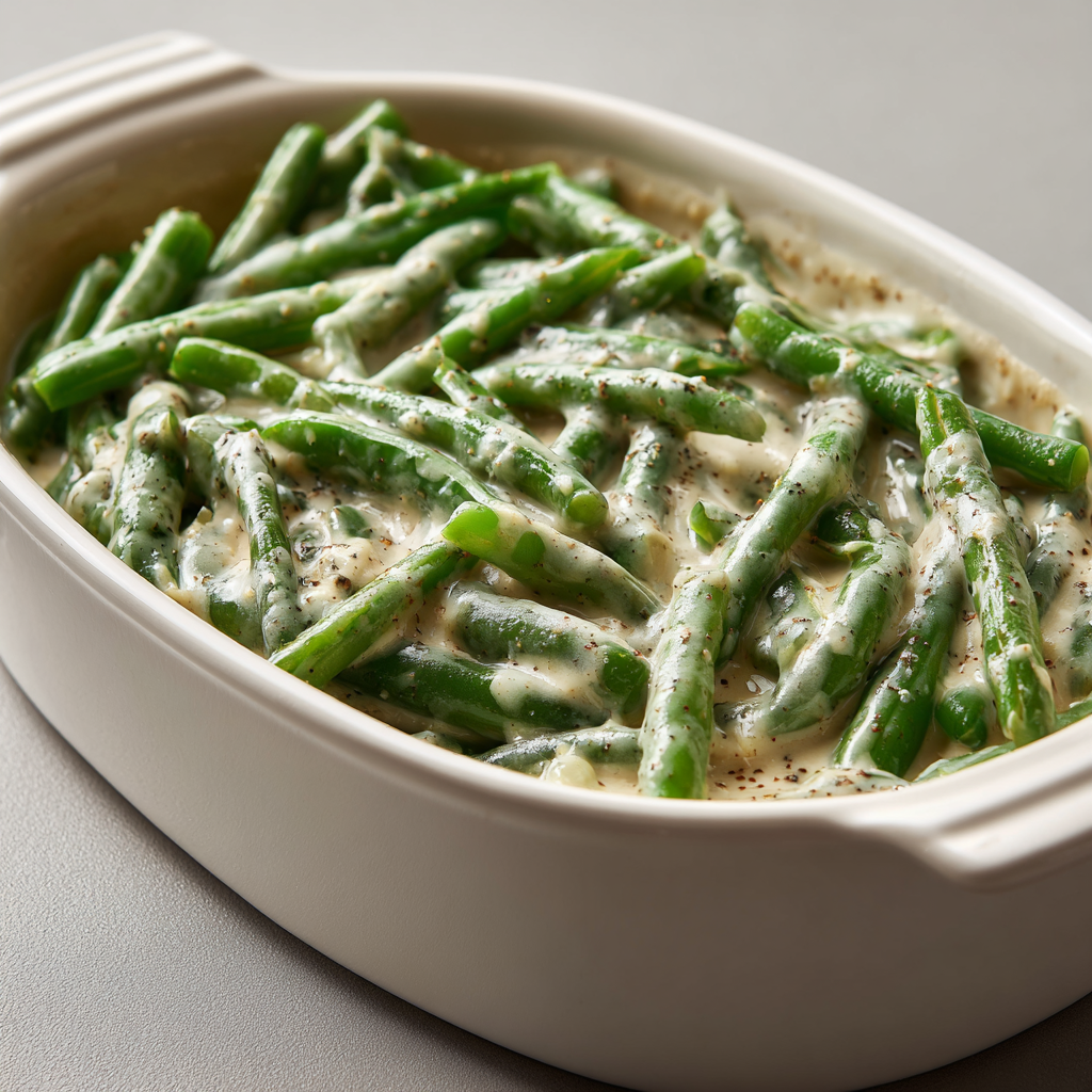Green bean casserole mixture combined in a baking dish before topping.
