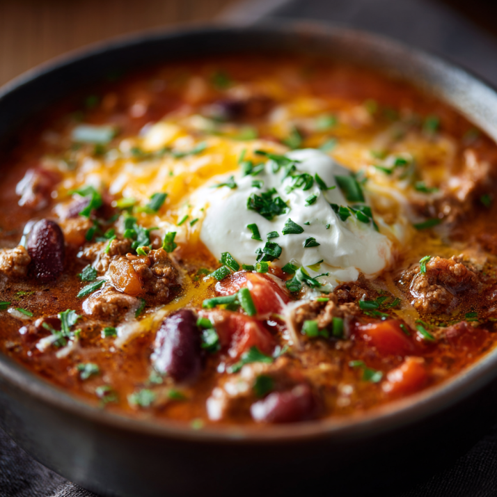 Cozy Soups & Chowders for Fall and Winter: Warming Recipes for Comfort Seekers 2 Bowl of Beef Taco Soup topped with melted cheese, sour cream, and fresh chives.
