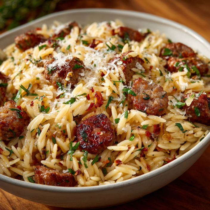 Easy Dinners Made Simple: Quick Dinner Ideas for Busy Nights 10 Orzo pasta with sausage, herbs, and Parmesan photographed in natural light