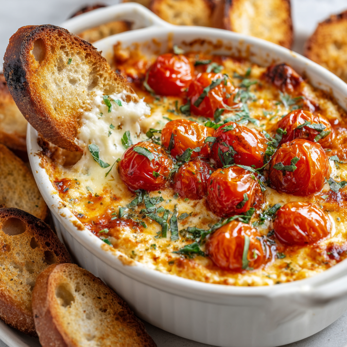 Holiday Appetizers, Dips & Party Boards: The Ultimate Guide to Crowd-Pleasers for Every Gathering 5 Warm bruschetta dip with melted cheese, tomatoes, and herbs served with toasted bread in natural light.