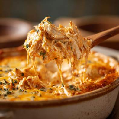 Holiday Appetizers, Dips & Party Boards: The Ultimate Guide to Crowd-Pleasers for Every Gathering 16 Creamy buffalo chicken dip with melted cheese being lifted from the dish in natural light.