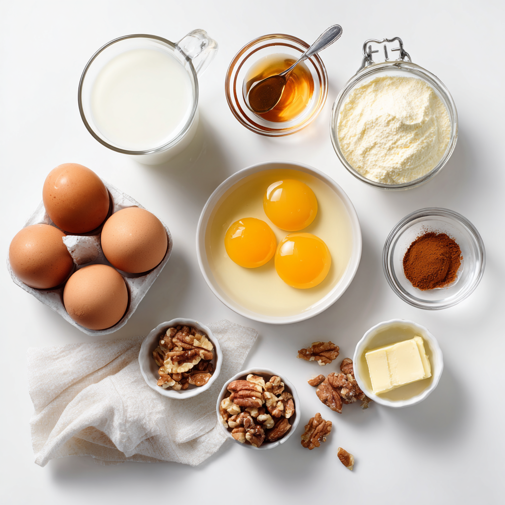 Ingredients for cinnamon roll casserole including cinnamon rolls, eggs, milk, butter, vanilla, and cinnamon.