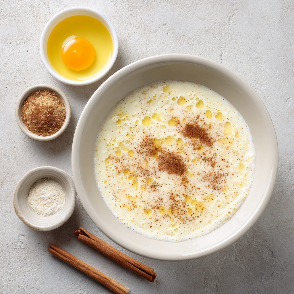 Egg mixture whisked with milk, butter, vanilla, and cinnamon for cinnamon roll casserole.